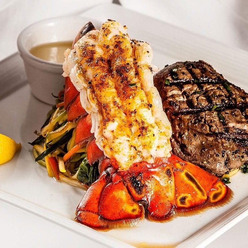 Aged beef & grilled prawns